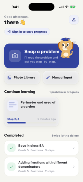 Home screen: snap, pick a photo or type the problem